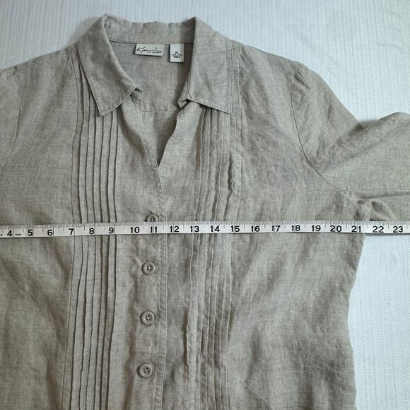 Kim Rogers Linen Shirt Petite L Oatmeal Pintuck Button Front Pockets Casual - Picture 4 of 10